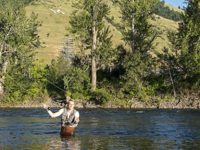 Person fly-fishing while wading in the Clark Fork in Missoula, with trees and the M on the hillside in the background.