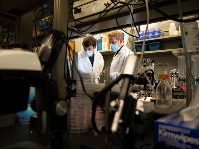 two lab workers viewed through a shelf opening