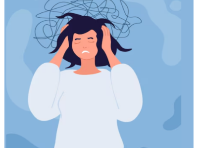 a woman holds her head and makes an upset face, lines squiggle around and above her head