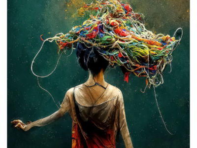 a person faces away with a bunch of yarn or strings or cables coming out of their head forming a cloud of sorts