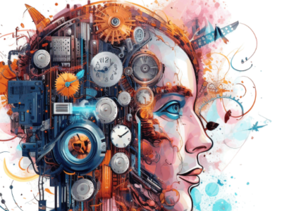 a person faces right but their head is full of cogs and wheels and machinery