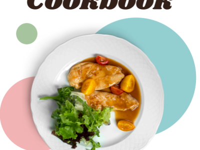 mossaic cookbook with some chicken and gravy next to some lettuce and tomatoes