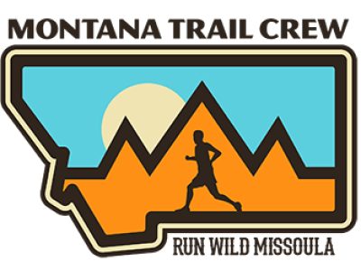 Montana trail crew logo featuring a runner in the center of the shape of montana