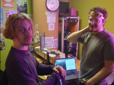 Author (right) and friend in KFGM missoula community radio studio