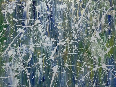 abstract wash and drip painting in blue, teal, green, yellow, and white with drips and splashes