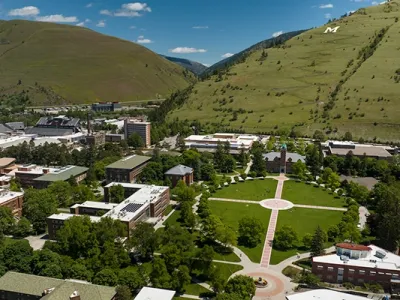 Looking east at the UM campus from an aerial drone 