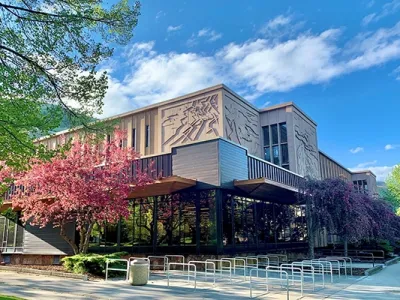 The tree blooms with pink flowers outside the Mansfield Library, home to UM's Writing Center