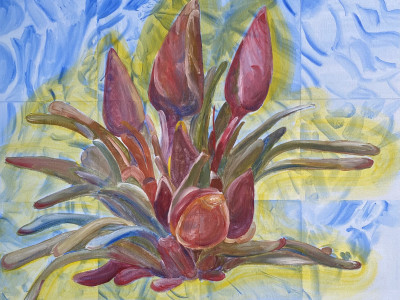 tiled painting blue and white with reddish purple plant in the center that has a yellow glow