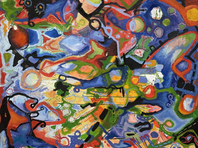 abstract painting with vivid primary red, green, yellow, orange, blues, also black, baby blue, and some white. somewhat resembles the style of Kandinsky