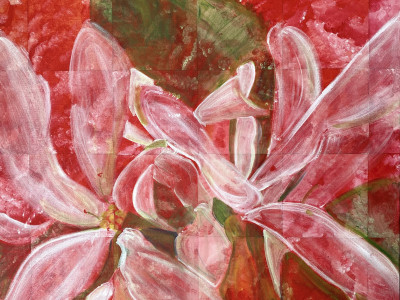 abstract painting with red background and white and pink dogwood blossom and green leaves