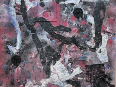 abstract mixed media painting in bright pinks, white, blues, black, with applique paper, film reels, blocks, buttons, and scribbles