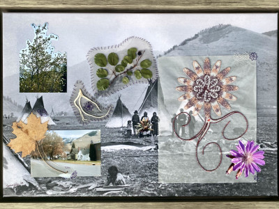 collage, background is photograph of campus with Native American camp, with leaves and beadwork stitched over the image