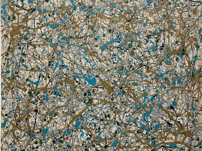 abstract drip painting in blue, black, and bronze on tan background