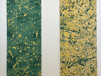 two side by side vertical abstract paintings, left is green backdrop with darker green staining and yellow drops, right is yellow backdrop and green paint