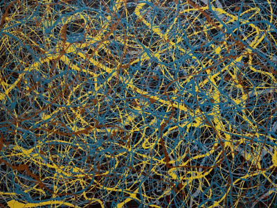 abstract drip painting, black background with blue, red, and yellow paint