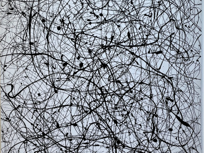 abstract drip painting, white background with black paint splashes