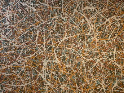 abstract painting, lavender background with blue, pink, orange, and tan paint 