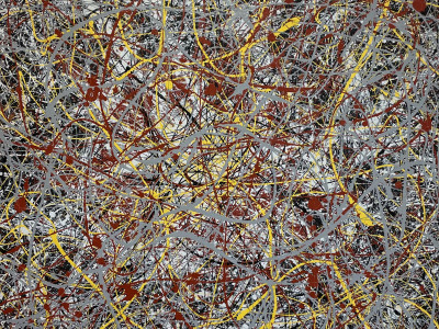black background with white, red, yellow, and silver drip painting