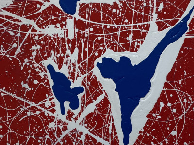 abstract painting, red backdrop with large white and dark blue splatters