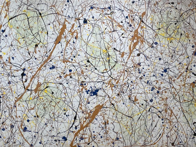 large 12 foot abstract painting with gray backdrop, pale green dots, and broze, dark blue, yellow, and black drip and splashes