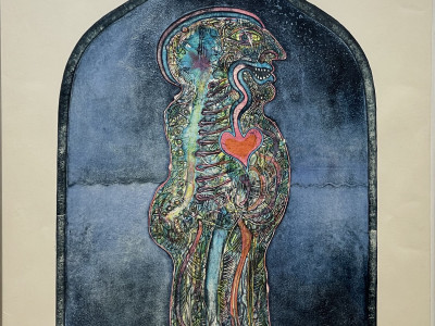 print of a large jug containing a humanoid figure, a homunculus, displaying the artistically interpreted internal structures, including a heart-shaped heart, large eyes, hooked nose, and toothy grin. jug is blue-black and creature is very colorful
