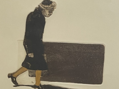 lithograph print of a sad, slouching Black woman in 60's dress and yellow hoisery and a large handbag walking next to a large brown square, her shadow in front of her