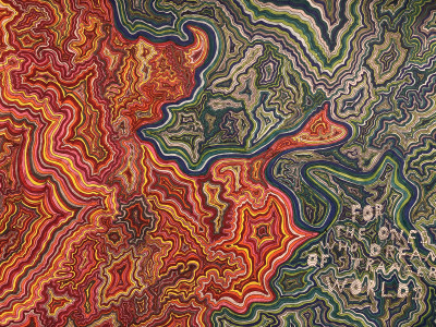 zen doodle style illustration beginning in shades of red and yellow on the left changing to greens and blues on the right. 