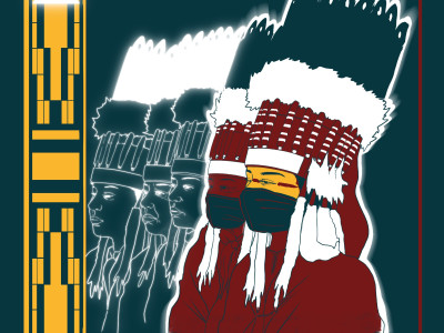 digital painting with backdrop in deep teal, framed in yellow and deep red in an indigenous pattern. five tribal figures face left, three only outlined and two at the forefront filled in with red and yellow and also wearing masks