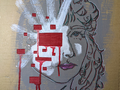 painting and drawing on a piece of cardboard, image is of the right side of a woman's face sketched over a grey background, the left is obscured by white brushmarks and red squares that drip paint. bottom text reads girl unfinished