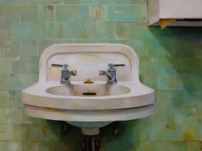 a highly realistic oil painting of the sink from the third floor of the Fine Arts building. green tile, white sink, paper towel dispensor