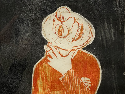print with a black inky background and orange central figure. the head is twisted sideways and appears to be laughing, but can be mistaken from a distance for a hat