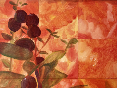abstract image of reddish field with blue mountains and yellow sun in the background, up close are berries growing on a bush