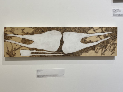 rectangle wood burning, horizontal. two large white molars are depicted meeting in the middle, with a third much smaller on the bottom left, roots running opposite the larger right above it. a hash pattern burnt into the background