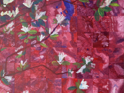 tiled image with abstract pink and blue background, painting of dogwood branches and blossoms