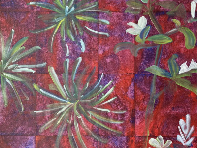 pink red and purple background with green leafy bundles and dogwood blossoms on branches