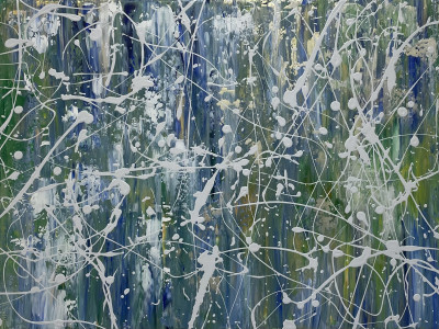 abstract wash and drip painting in blue, teal, green, yellow, and white with drips and splashes