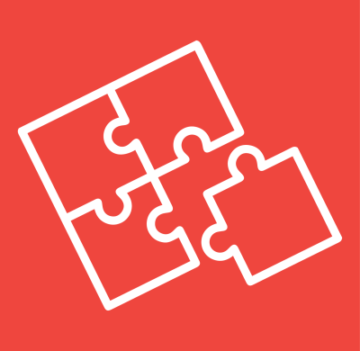 white stylized puzzle pieces icon against a sunset red background