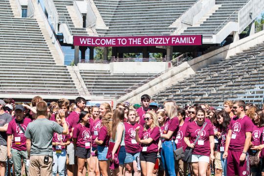 Student gather for orientation welcome in Washington Grizzly Stadium 2019