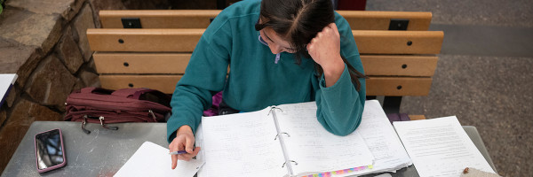view from above of a student sitting at a table studying an open binder full of notes and writing
