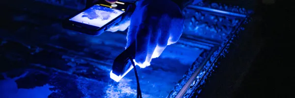 Hands holding a blue light and a smartphone are analyzing a painting in a darkened room.