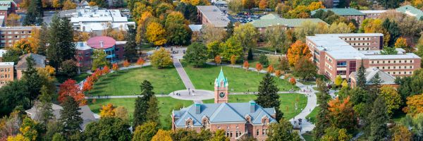 view of the UM oval and University Hall from above with fall colored trees
