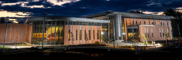 The exterior of The Lodge Dining Center at UM