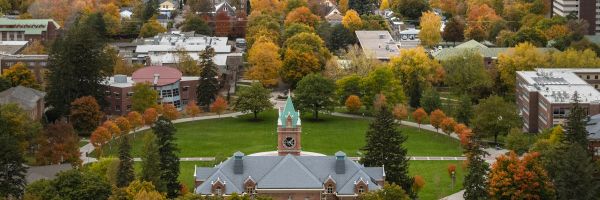 view of the Oval from above and behind University Hall with autumn colored trees