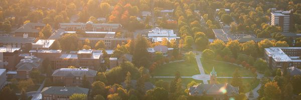 University Hall, the Oval and surrounding building from above on a sunny morning