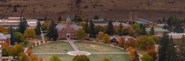 the UM oval and University Hall from above in fall