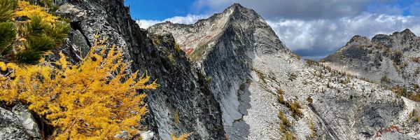 steep, rocky mountain covered with small conifer trees seen from a neighboring peak