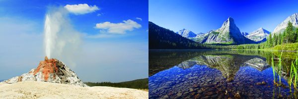image collage with a geyser spraying water on the left and a steep mountain reflects in a tree lined lake on the right