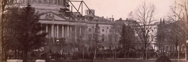Inauguration of President Lincoln. U.S. Capitol dome under construction in background, on March 4, 1861. Source: Library of Congress CALL NUMBER: LOT 12251, v. 2