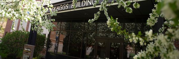 Skaggs building main entrance and sign with flowering tree limbs in the foreground