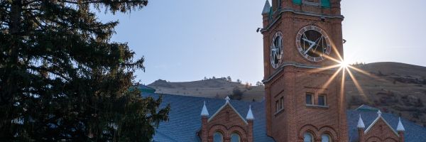 University Hall clock tower seen from below with sun coming shining from behind